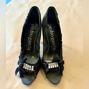 Pedro Garcia Black Satin D’Orsay Pumps with Swarovski Crystals